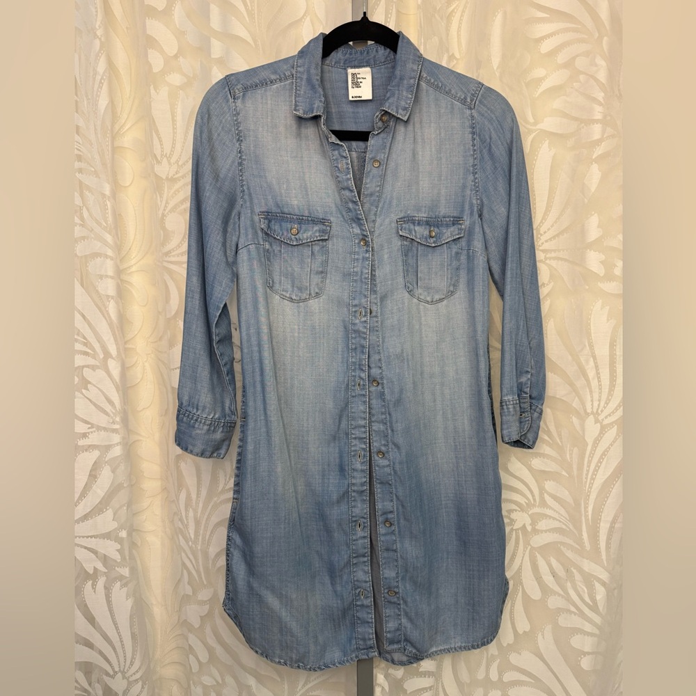 H&M Light Blue Denim Long Sleeve Button Down Shirt Dress 2